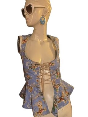 * VINTAGE very rare Blue Lace-Up Peplum Corset Top with Horse Print